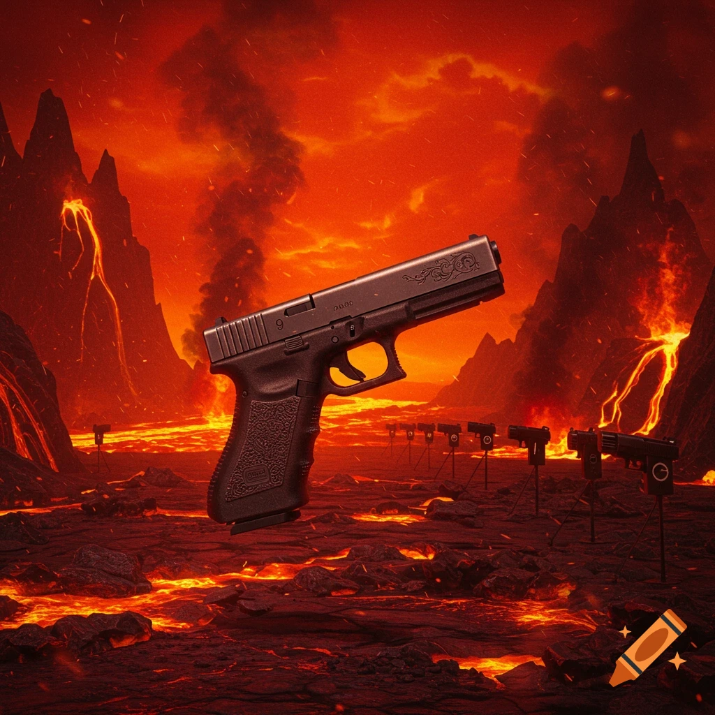 A Glock 9 pistol floats above a fiery, hellish landscape with volcanic mountains and lava rivers, with other pistols on stands in the background.