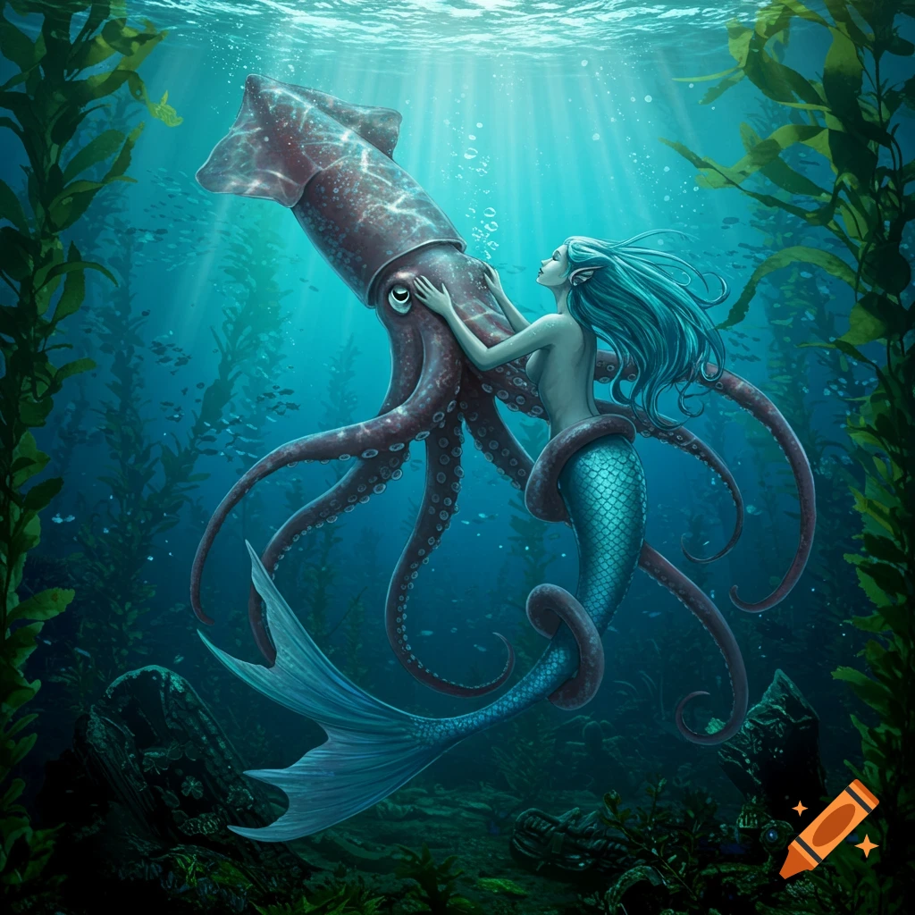A blue-haired mermaid with a teal tail embraces a large red-brown giant squid in a sunlit underwater kelp forest.