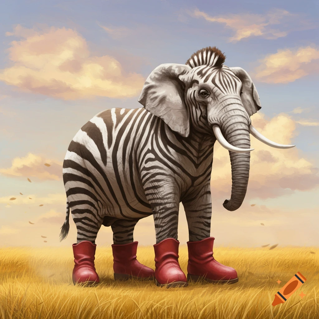 A zebra-striped elephant with a mohawk stands in a grassy field under a cloudy sky, wearing bright red boots.