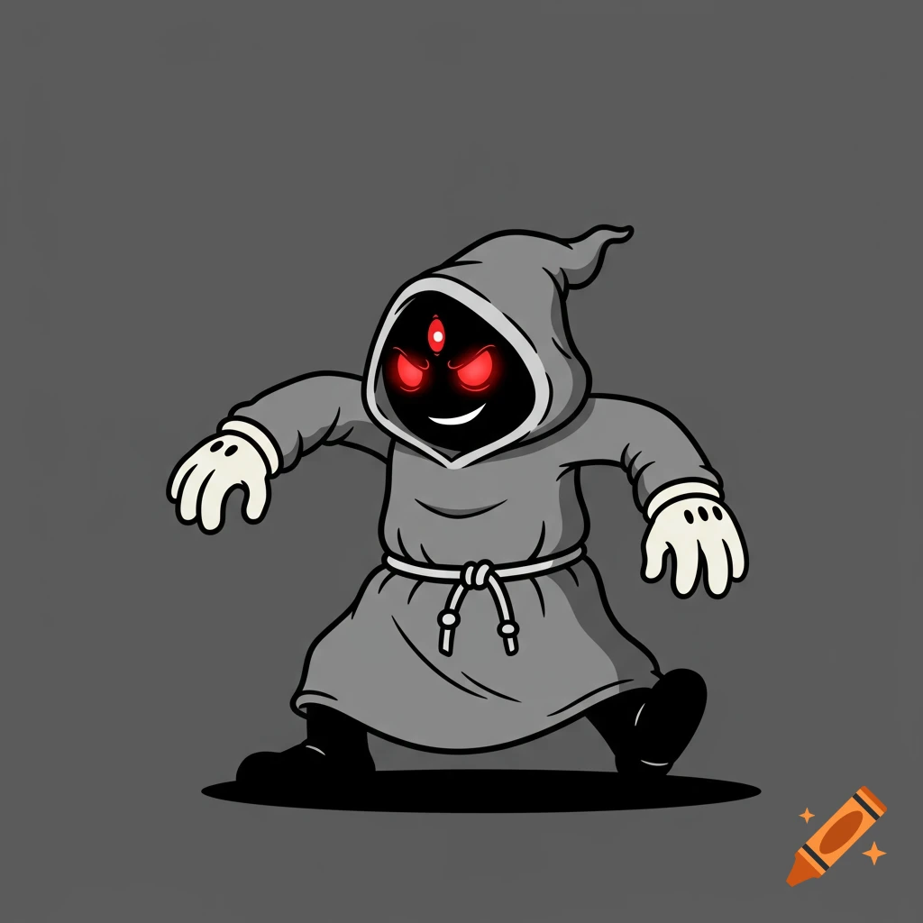 A cartoon hooded mage character in a gray monk robe with glowing red eyes and a third eye, sneaking forward in a 1930s rubber hose animation style.