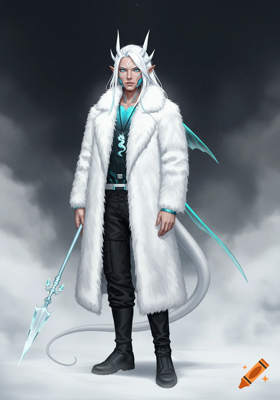 A fantasy character with white hair, cyan eyes, and horns, wearing a long white fur coat and holding a spear, with a dragon tail and subtle cyan wings.