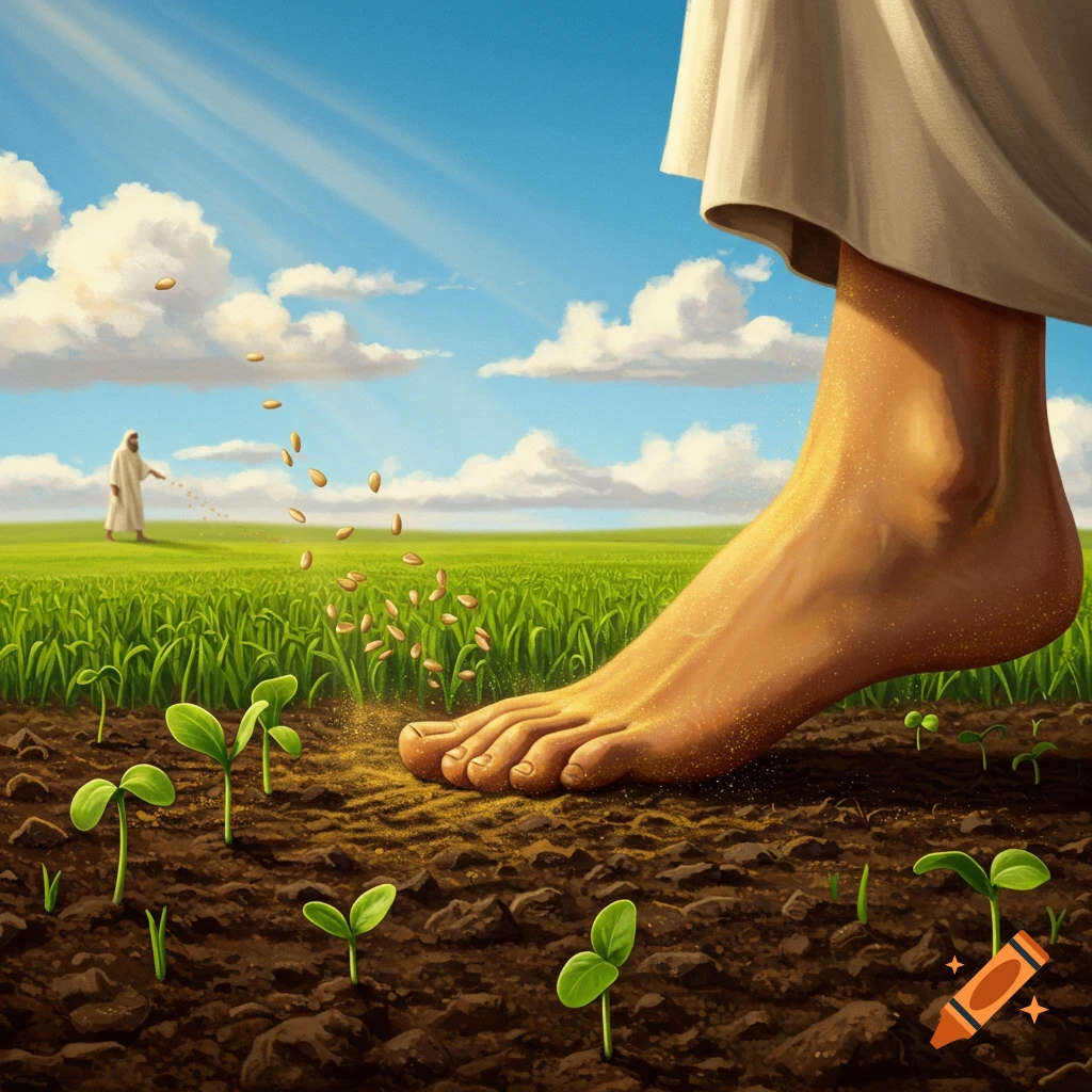 A giant foot stands over sprouting plants as seeds fall. A robed figure sows seeds in the background of a green field under a bright sky.