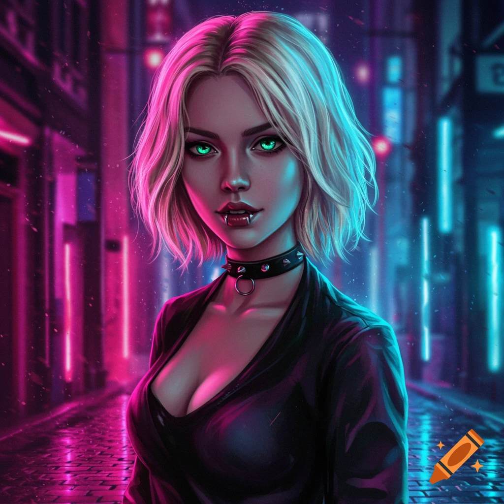 A stylized portrait of a female vampire with blonde hair and glowing green eyes, wearing grunge clothing and a spiked choker, illuminated by vibrant neon pink and blue lights in a futuristic city street.