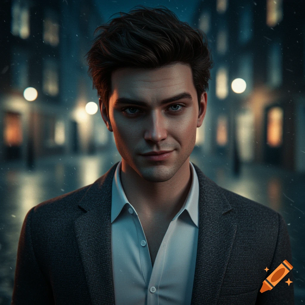A photorealistic portrait of a young man with dark hair and light eyes, wearing a suit jacket, in a city street at night with falling snow.