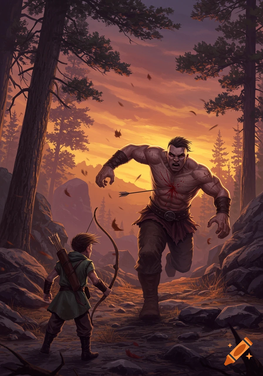 A muscular, enraged man with an arrow in his chest charges through a forest toward a smaller boy holding a bow, at sunset in a detailed fantasy illustration.