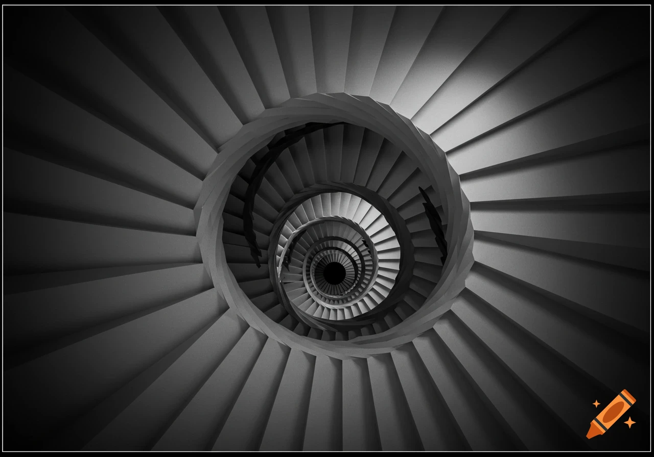 A black and white optical illusion of a spiral staircase viewed from above.