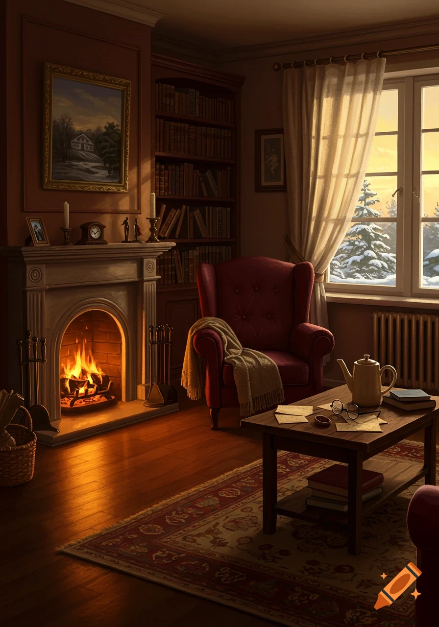Cozy house den with a lit fireplace, red armchair, coffee table, bookshelf, and a window overlooking a snowy landscape at sunset.