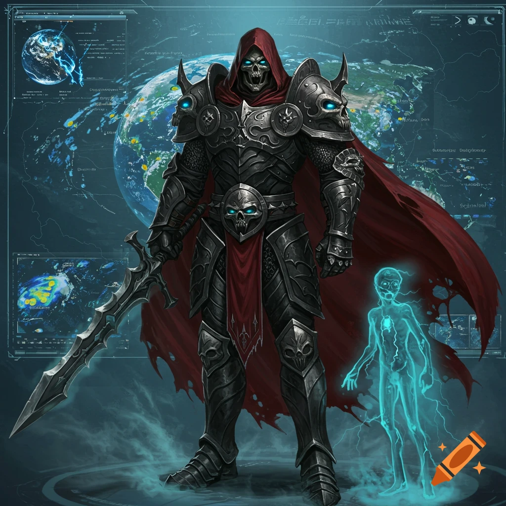 A skeletal death knight in black armor with glowing blue eyes and a red cape stands before a futuristic screen displaying a globe and weather data, next to a glowing blue ethereal figure.