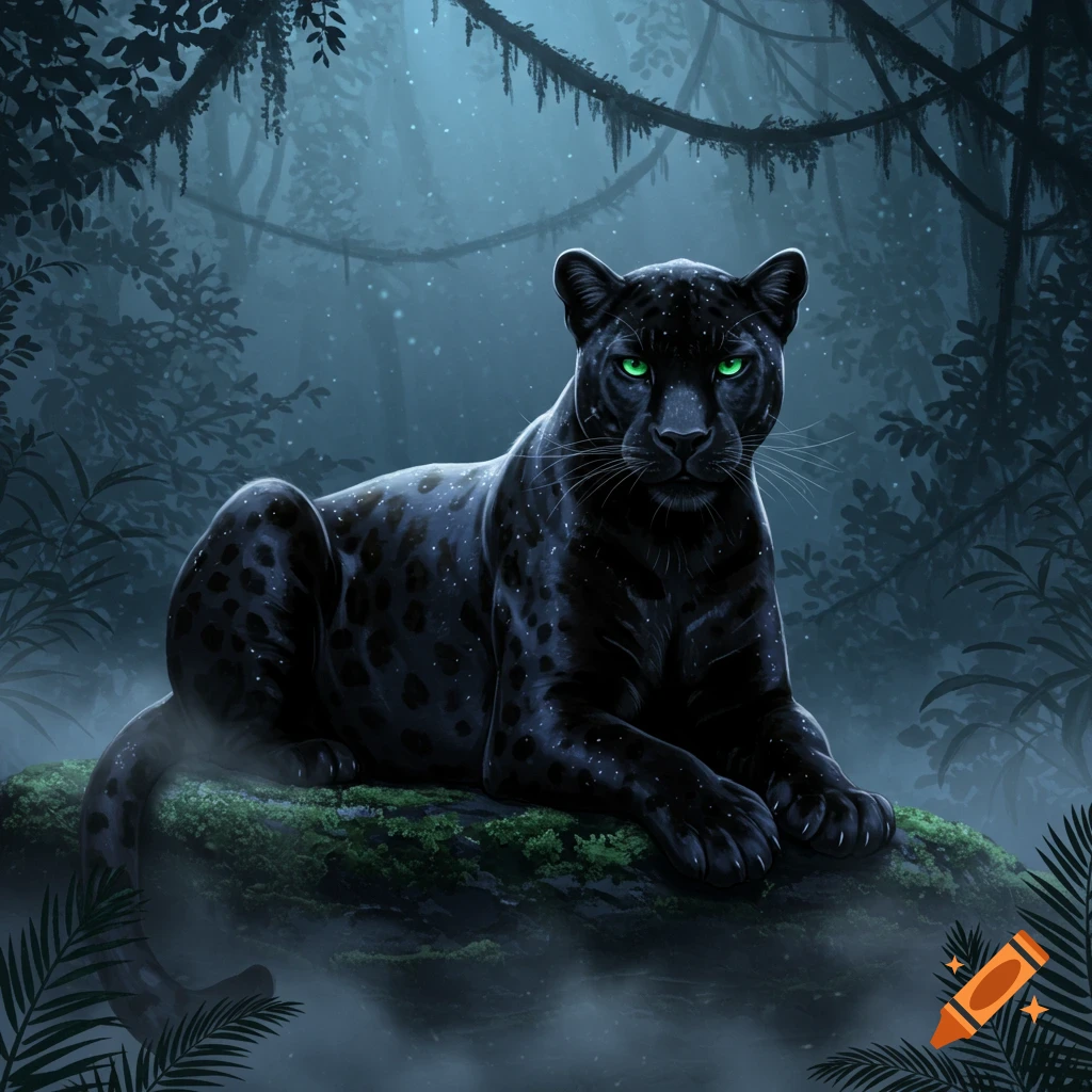 A majestic black panther with glowing green eyes rests on a mossy rock in a dark, misty jungle.