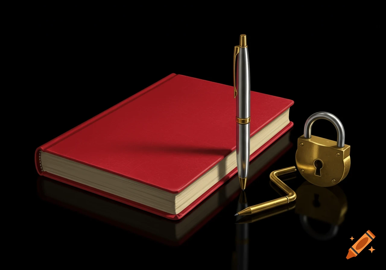 A photorealistic still life of a red notebook, a silver and gold pen, and an open golden padlock on a black reflective surface.
