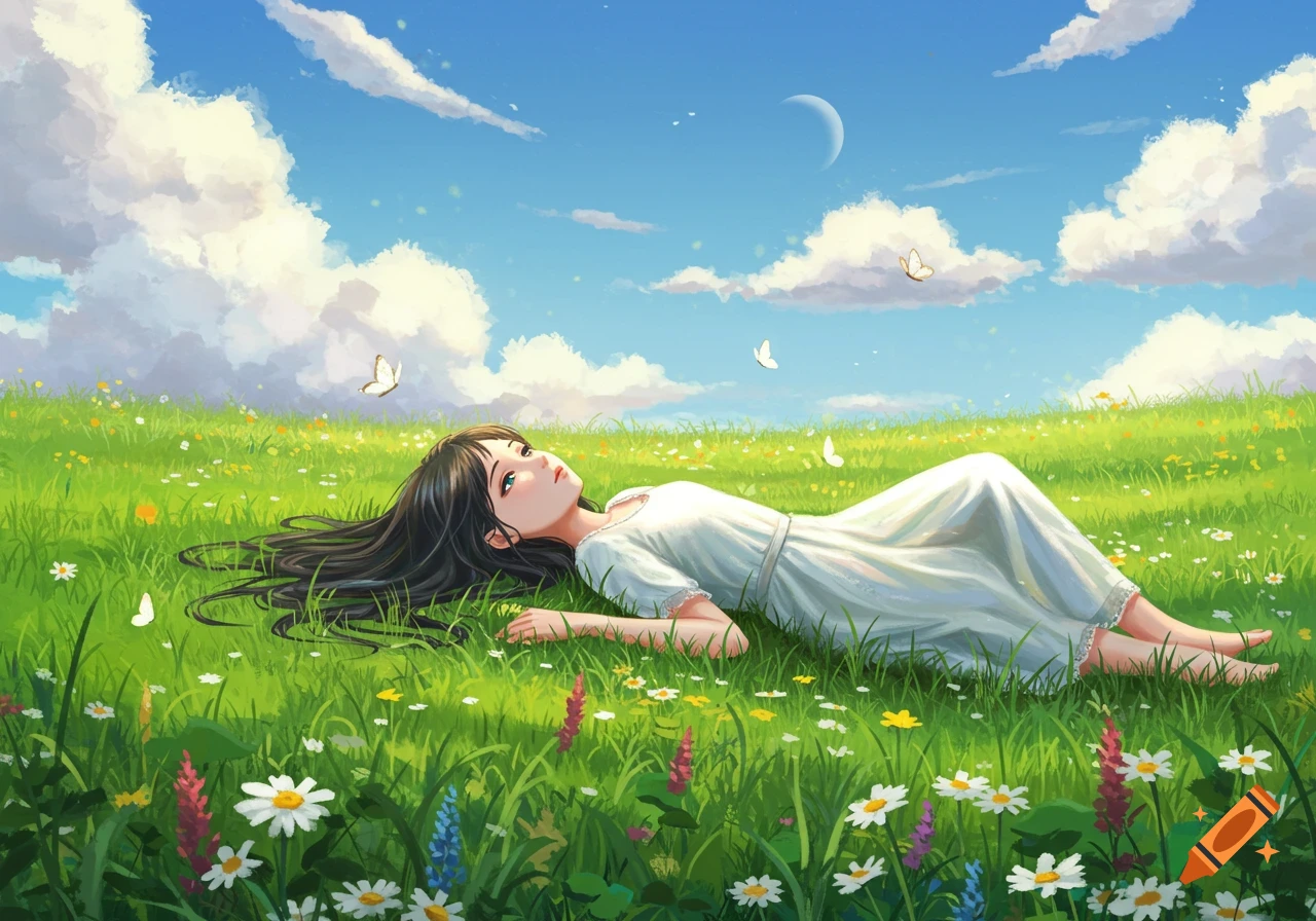 A young girl with long dark hair lies in a vibrant green field filled with colorful wildflowers under a bright blue sky with clouds and a crescent moon. Butterflies flutter around her.