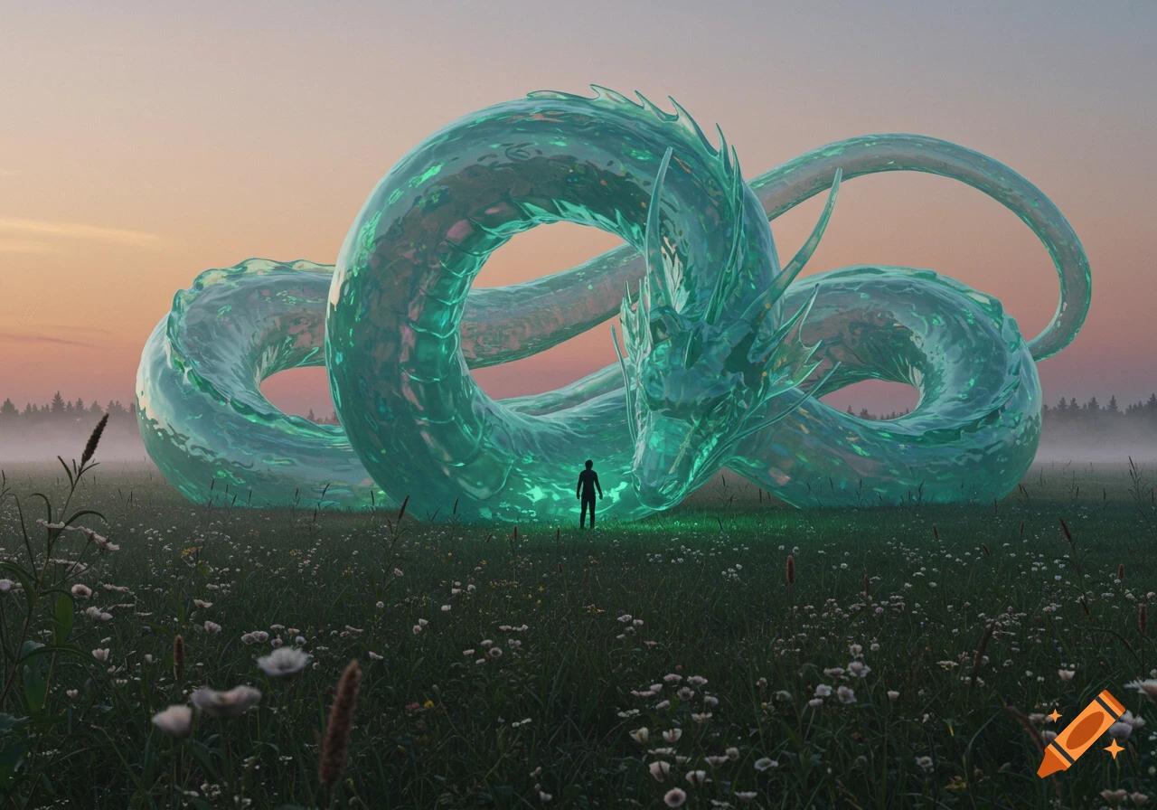 A human stands before a massive, glowing, translucent green dragon in a grassy field at sunset.