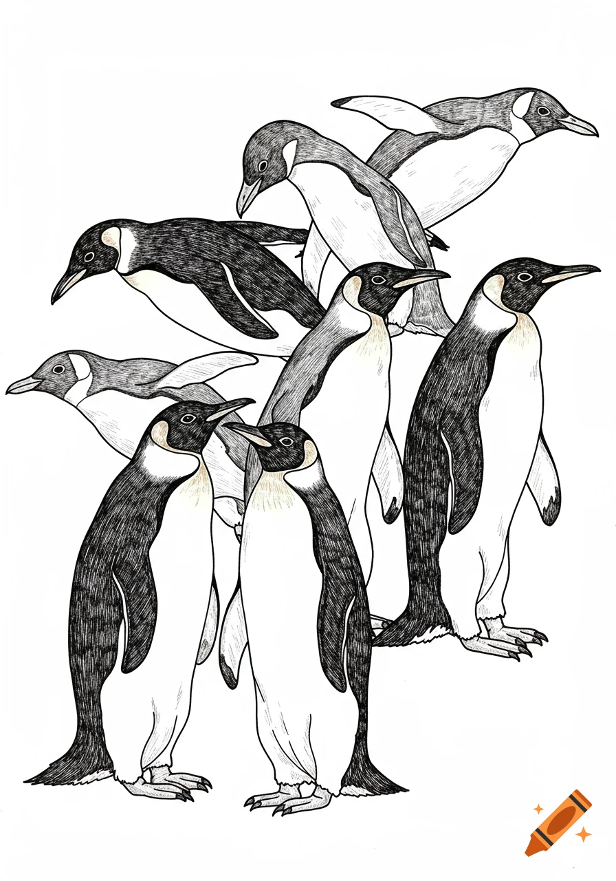 Black line drawing of multiple penguins in various overlapping positions.