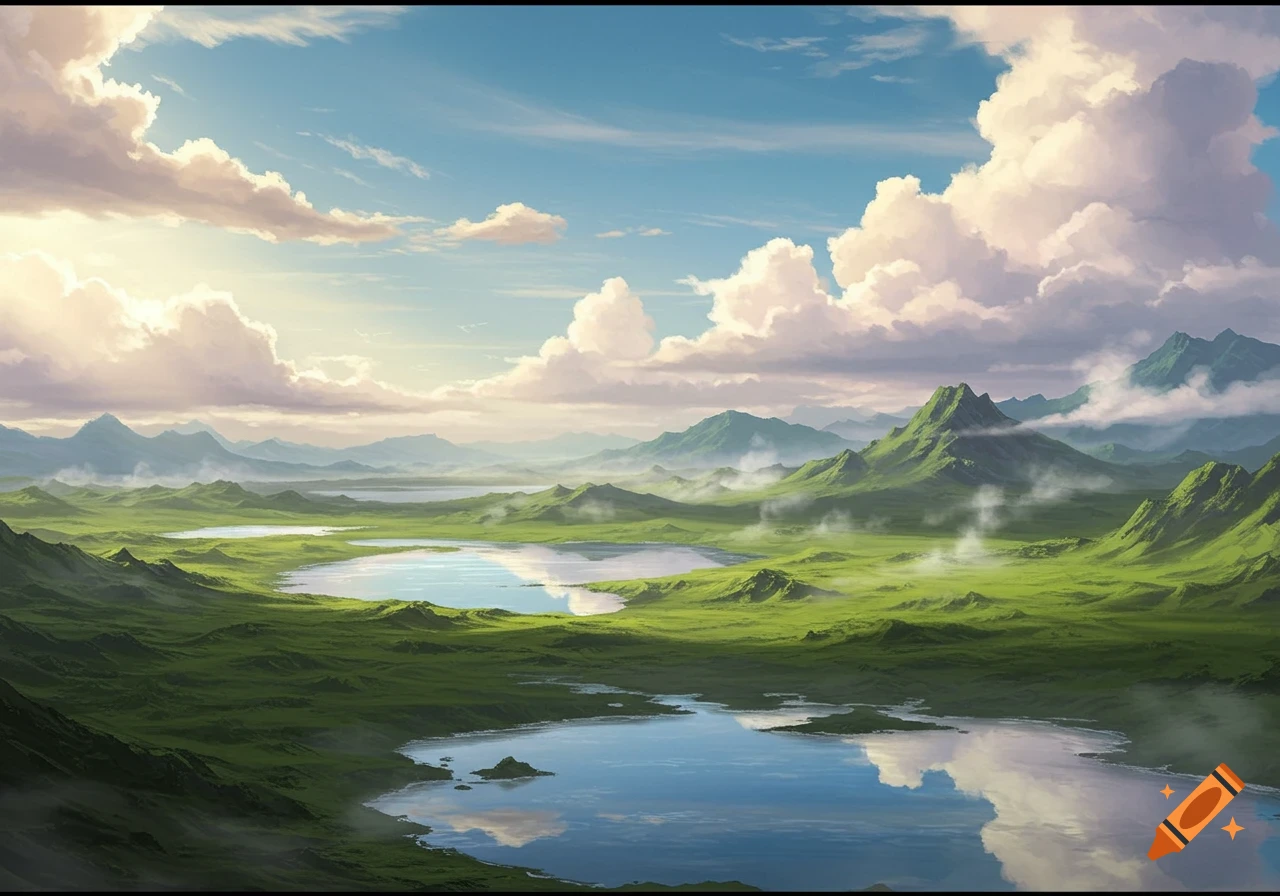 Vibrant green landscape with serene lakes reflecting a bright blue sky and fluffy white clouds, distant mountains in mist.