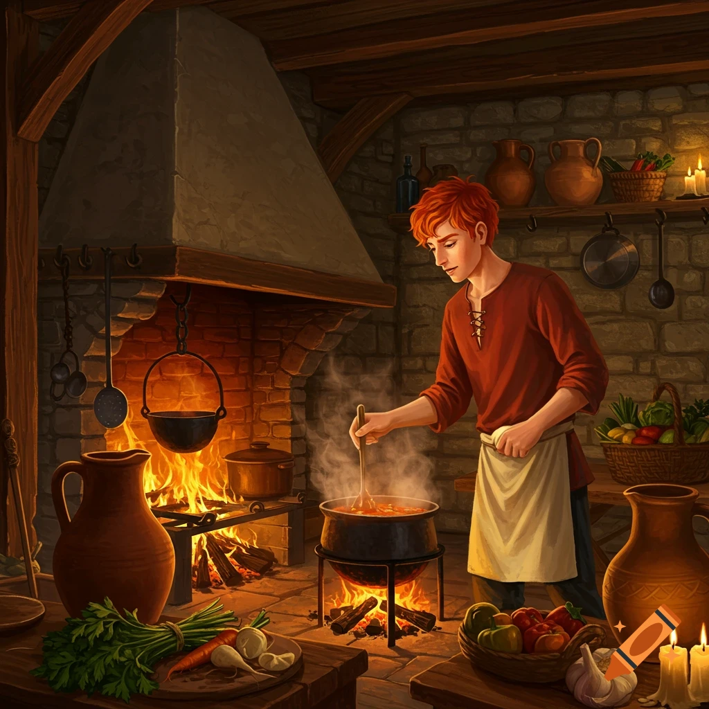 A young red-haired man stirs a pot over a crackling fire in a rustic medieval kitchen, surrounded by vegetables and clay pots.
