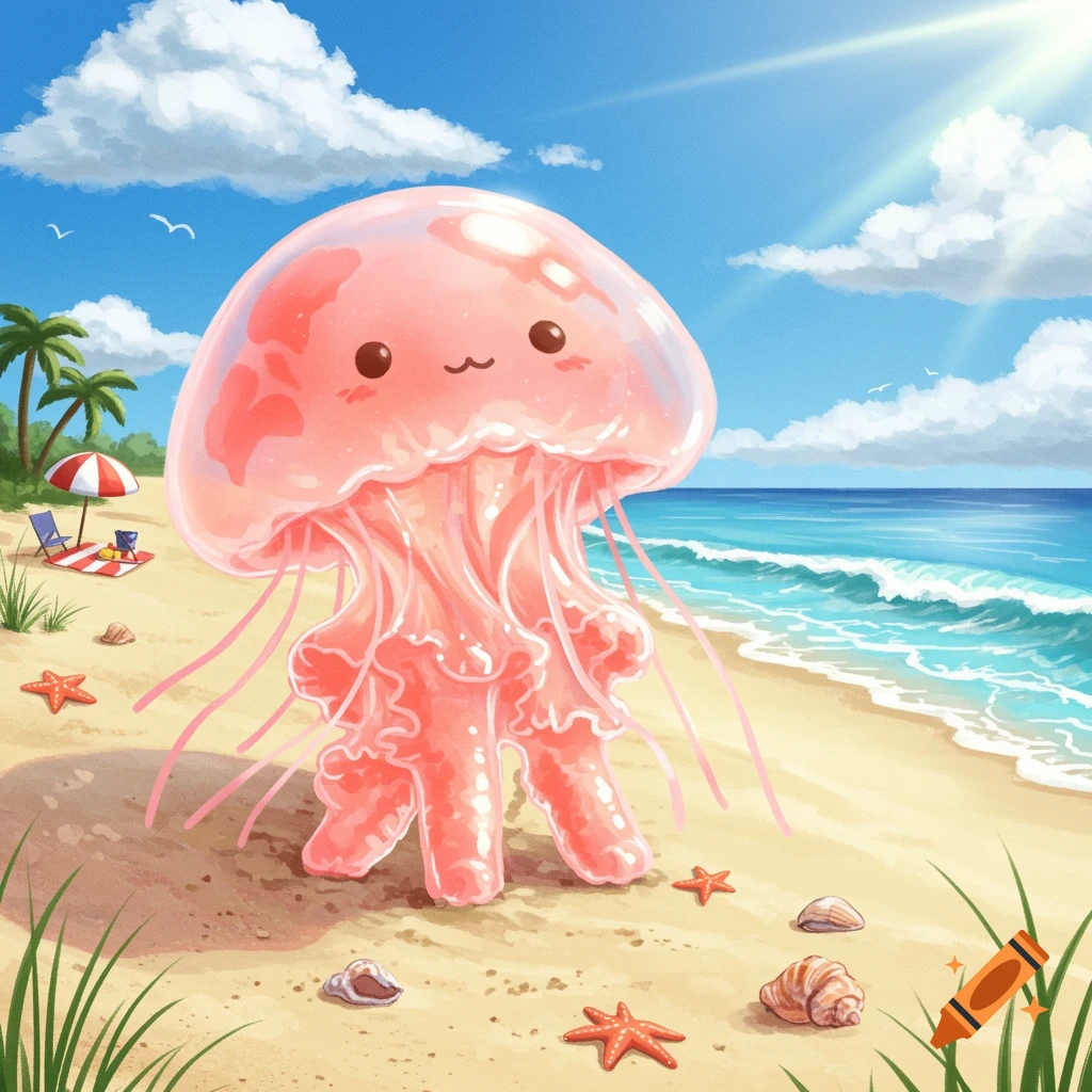 A cute pink jellyfish on a sunny beach with palm trees, a beach umbrella, and starfish, in an illustration style.