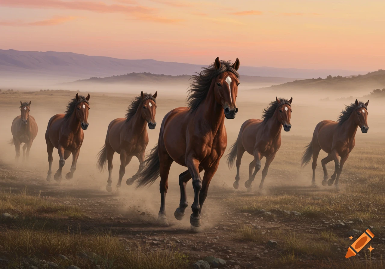 A herd of brown horses gallops across a dusty field at sunset, with misty mountains in the background.