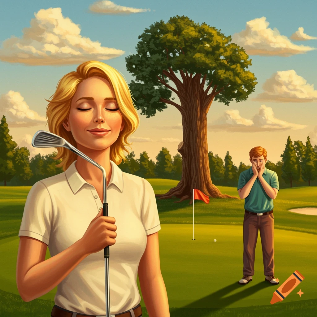 A blonde woman smiling with eyes closed, holding a golf club on a golf course, while a distressed man stands by a tree stump in the background.