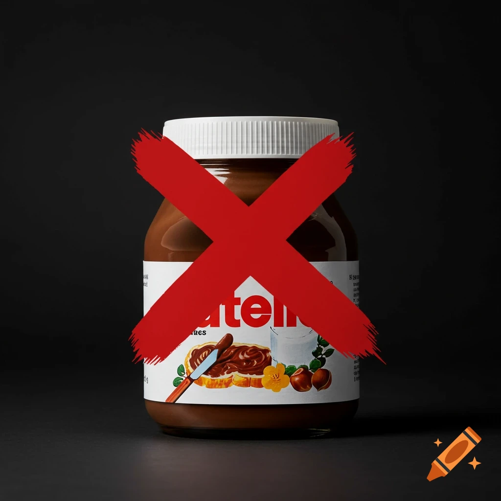 A jar of Nutella with a large red X drawn over it, against a dark background.