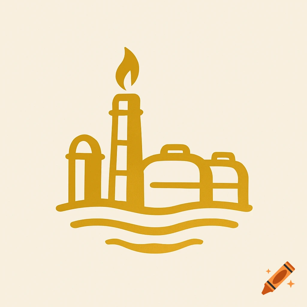 A simple, golden-yellow line art logo depicting an industrial facility with a flare stack, storage tanks, and waves at the base.