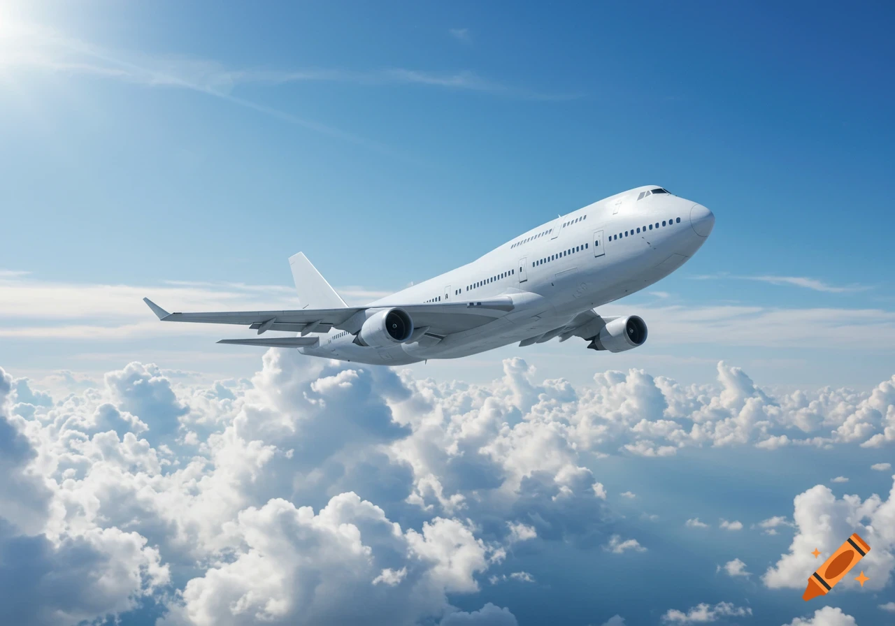 A white Boeing 747 airplane flies high above fluffy white clouds in a bright blue sky.