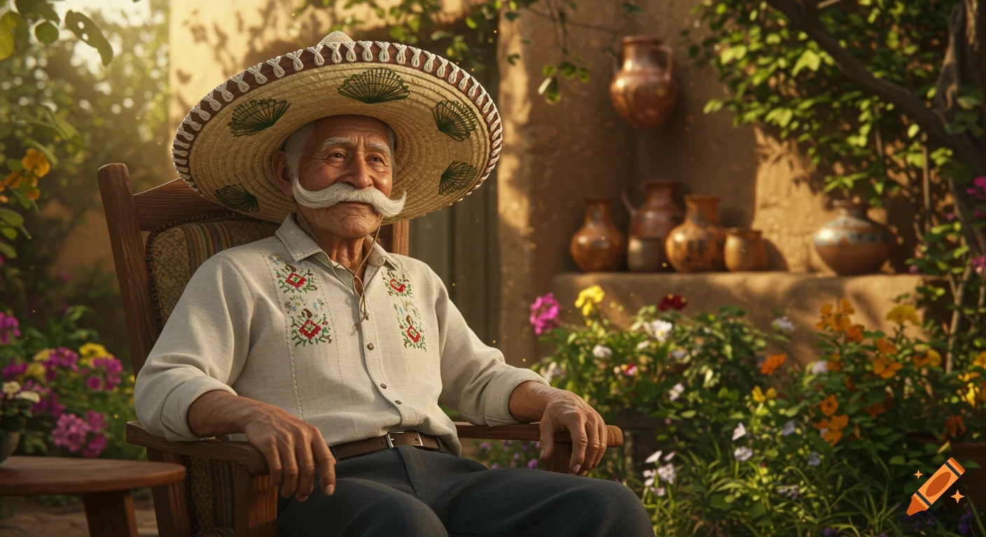 Elderly Mexican man with mustache and sombrero sits in a wooden armchair in a sunny garden with flowers and pottery, photorealistic.