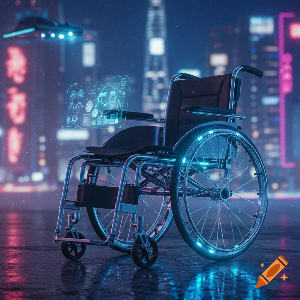 A futuristic wheelchair with glowing blue wheels and a holographic display sits on a wet city street at night, with neon-lit skyscrapers and a flying vehicle in the background.