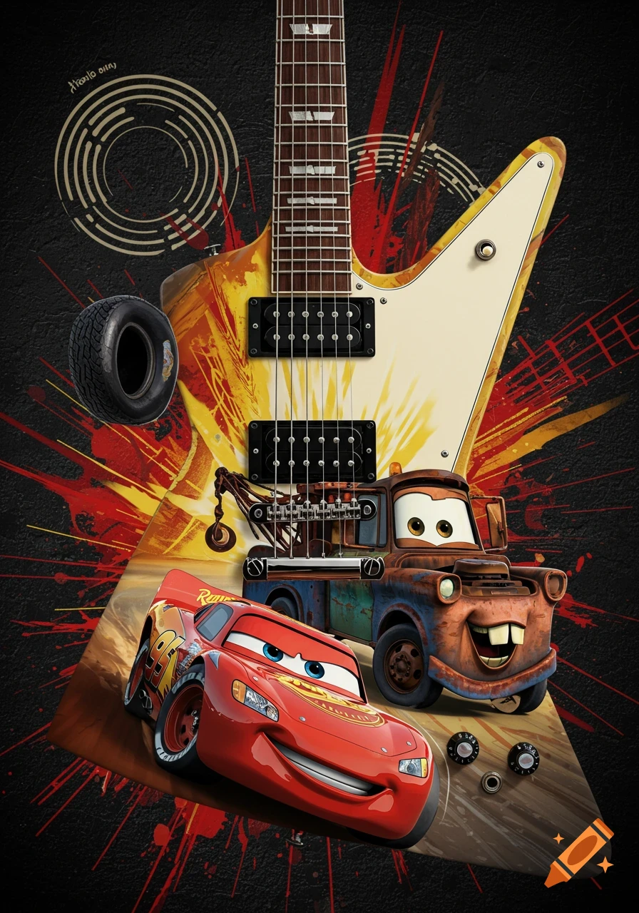 An electric Gibson Explorer guitar with Lightning McQueen and Mater from Disney's Cars on its body, set against a dark, grunge background with red and yellow splatters.