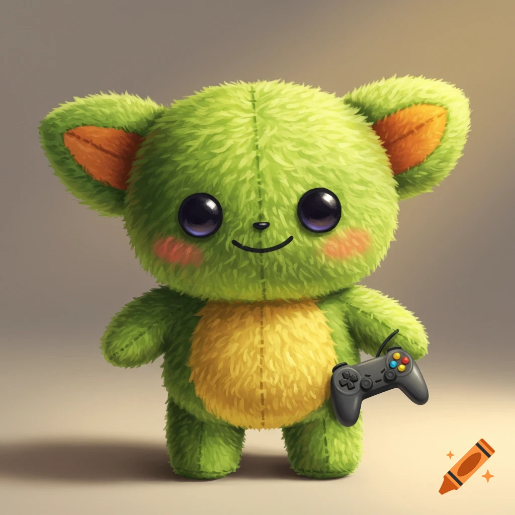 A cute green and yellow fluffy plush toy with large black eyes and a sweet smile, holding a black video game controller.