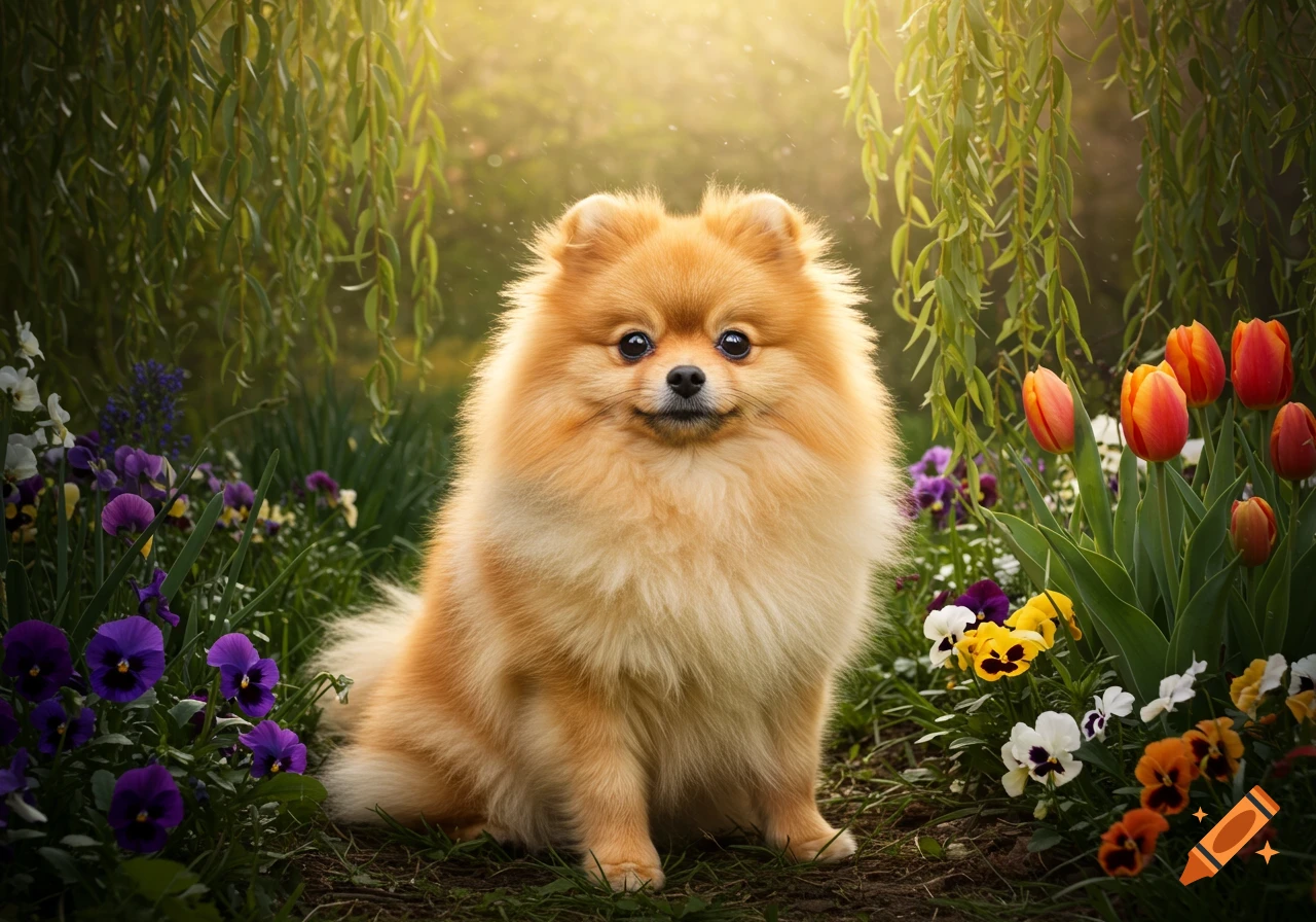 A fluffy orange and white Pomeranian dog sits in a field of colorful flowers and green leaves under dappled sunlight.