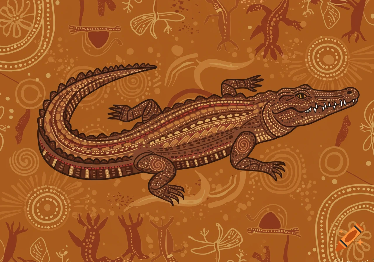 Stylized crocodile illustration with intricate dot and line patterns in Aboriginal art style on a brown background.
