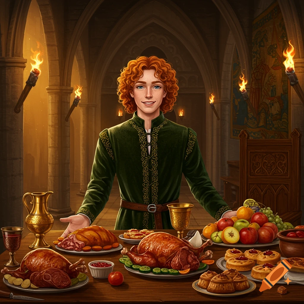 A smiling young man with red curly hair in medieval clothes presents a large feast on a table in a grand hall.