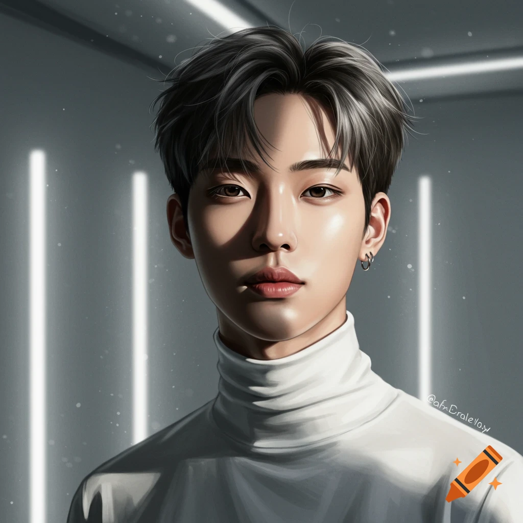 A stylized digital portrait of a young Korean male model with short dark hair and a white turtleneck in a studio with vertical light strips.