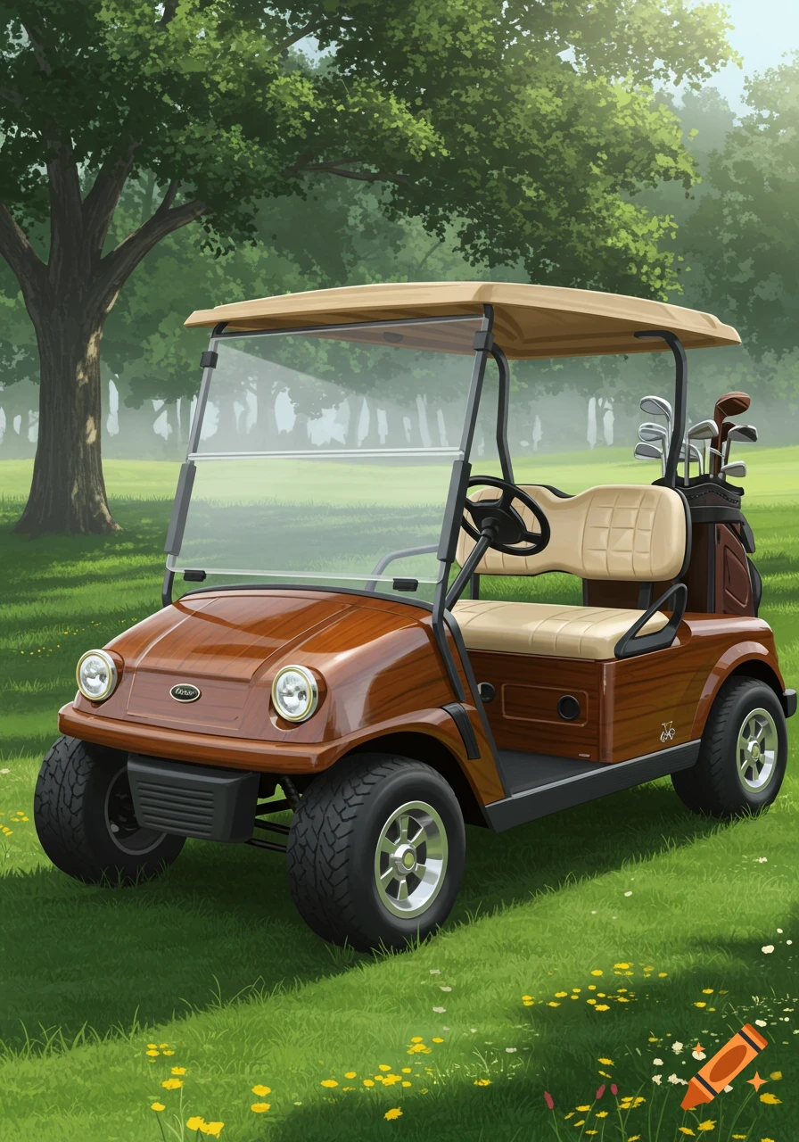 A walnut golf cart with a tan roof and seats parked on a green golf course with trees and small yellow flowers.