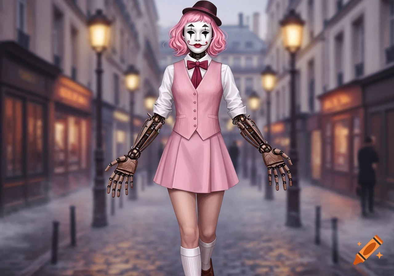 A woman with pink hair, a mime mask, and robotic arms, wearing a pink vest and skirt, stands on a street with lampposts.