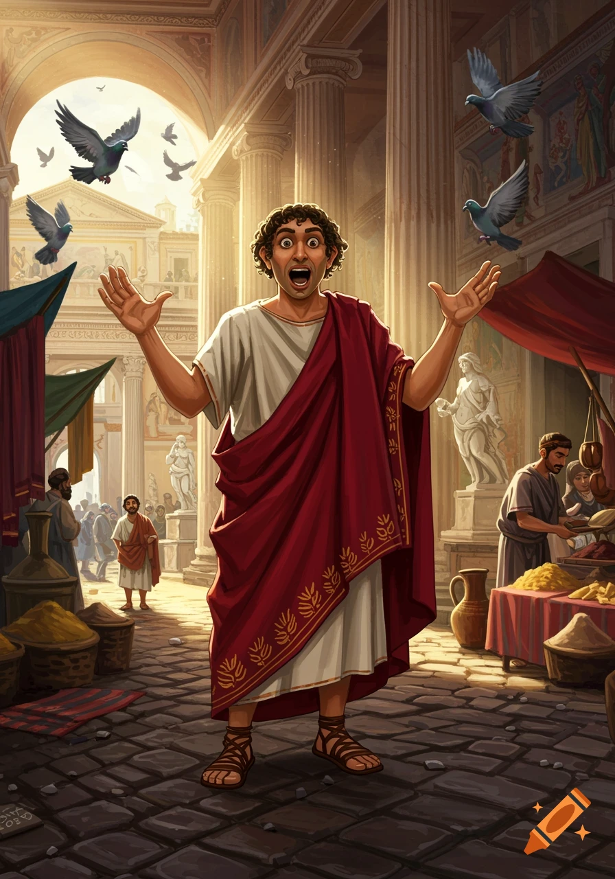 A wide-eyed Roman man in a toga and sandals raises his hands in surprise as pigeons fly around him in a bustling ancient marketplace.