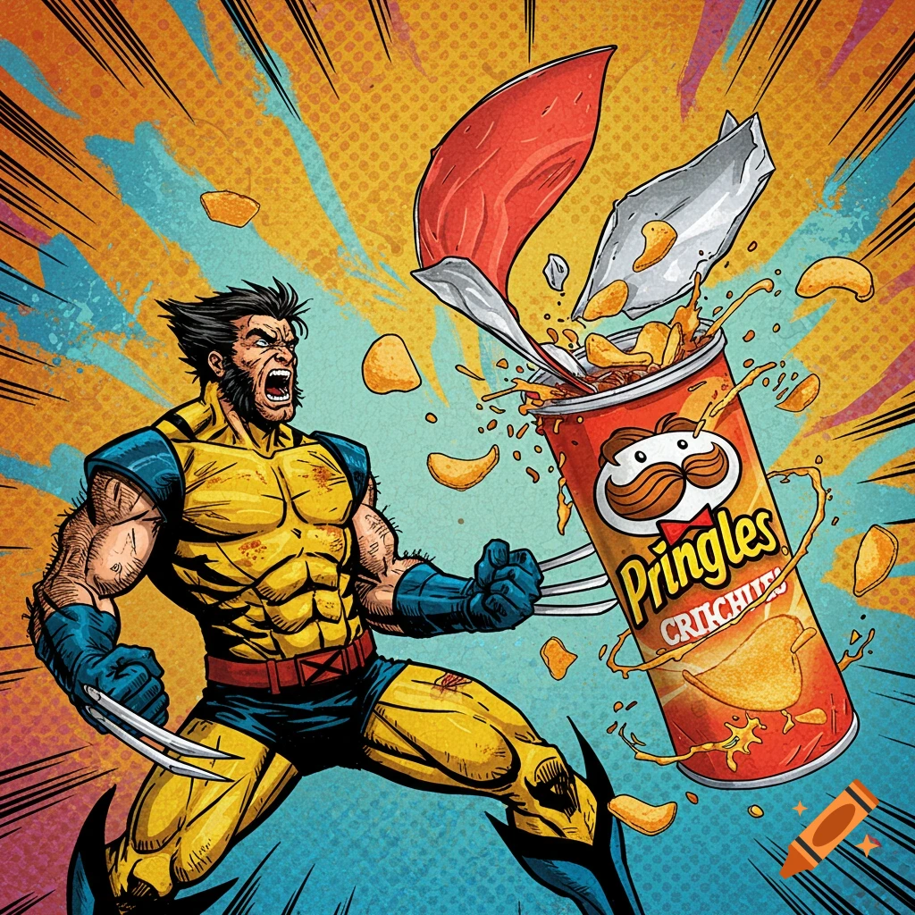 A comic book style image of a Wolverine-like character with claws attacking a Pringles can, spilling chips.