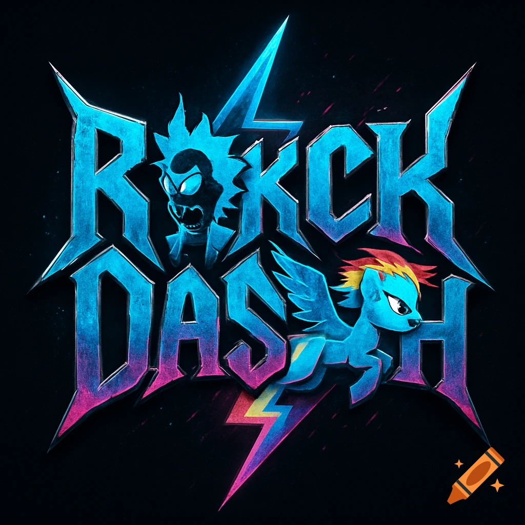 Metal band logo with jagged blue letters spelling 'RICK DASH', featuring Rick Sanchez and Rainbow Dash within the text, on a black background.