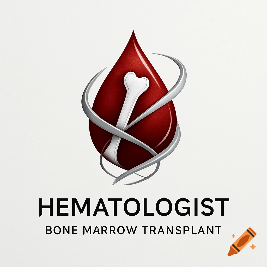 A modern 3D logo featuring a red blood drop with a white bone and silver swirls, with the text 'HEMATOLOGIST BONE MARROW TRANSPLANT' below.