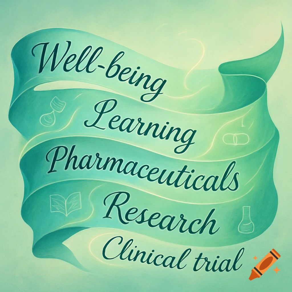 A flowing green banner with words 'Well-being, Learning, Pharmaceuticals, Research, Clinical trial' in a script font, featuring subtle related icons.