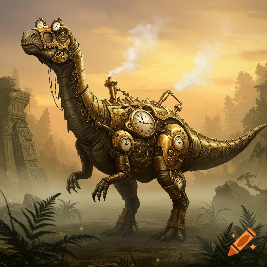 A majestic steampunk dinosaur with intricate golden clockwork mechanisms, pipes, and gears on its body, stands in a misty, ancient jungle at sunset.