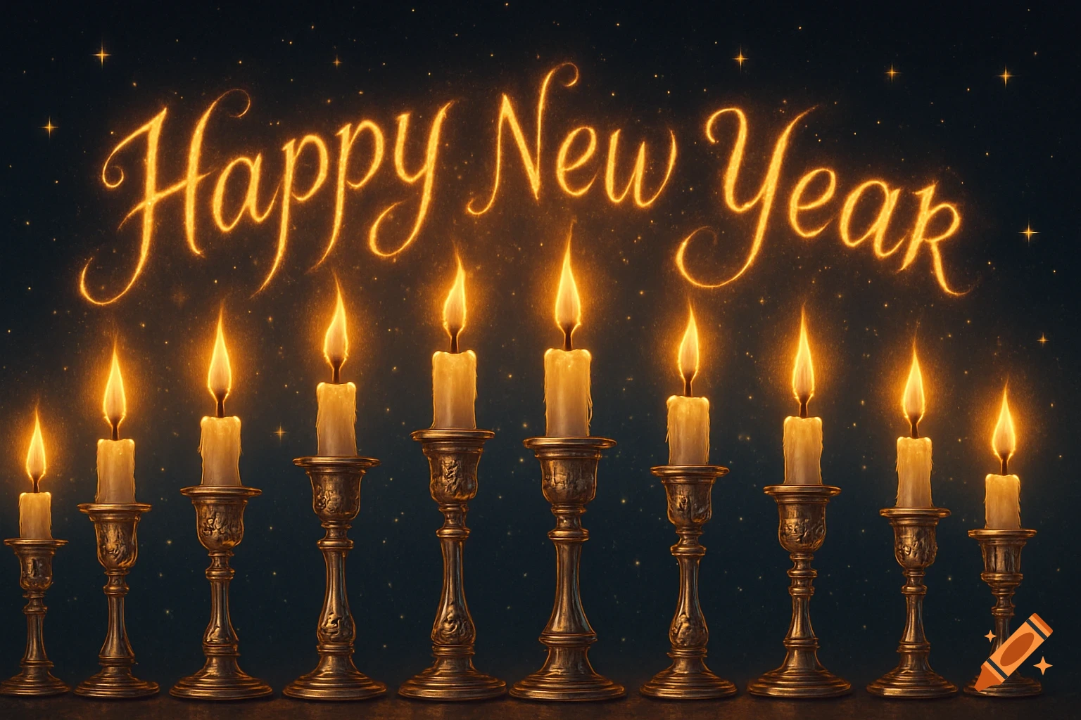 Eleven lit candles in antique brass holders glow under the shimmering text 'Happy New Year' against a dark, starry background.