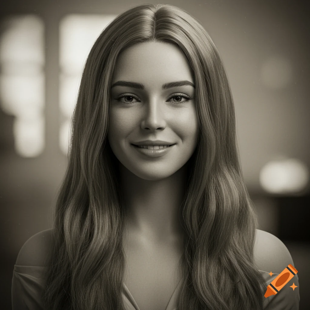 A photorealistic black and white portrait of a smiling woman with long, wavy hair looking directly at the viewer.