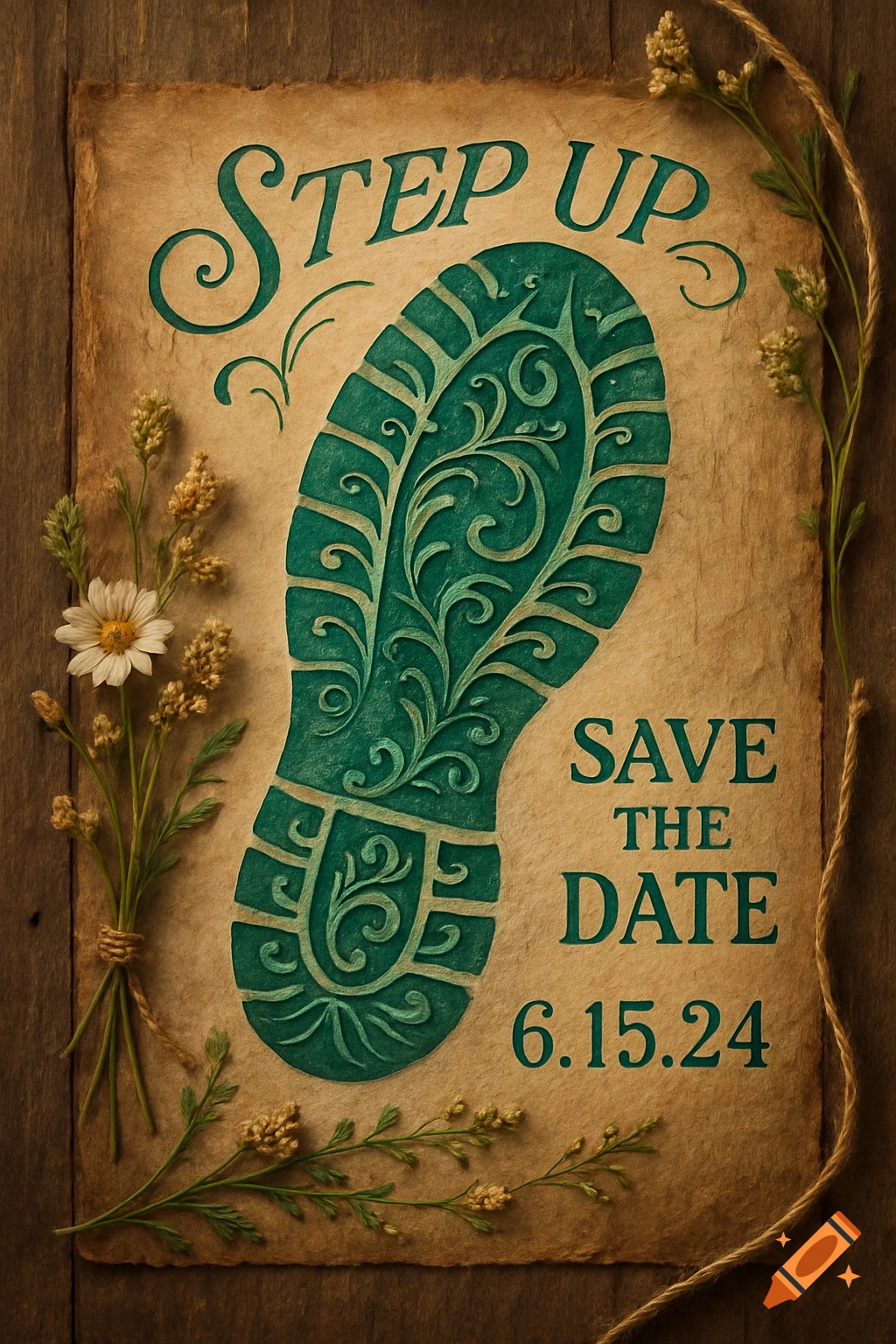 Rustic save the date card on aged paper with a teal ornate boot print, text 'STEP UP', 'SAVE THE DATE', '6.15.24'. Adorned with flowers and twine.