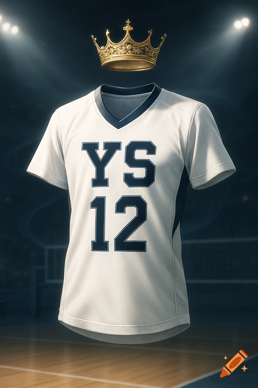 A white volleyball jersey with the initials YS and number 12 in dark blue, with a golden crown floating above it, set against a dark sports arena background.
