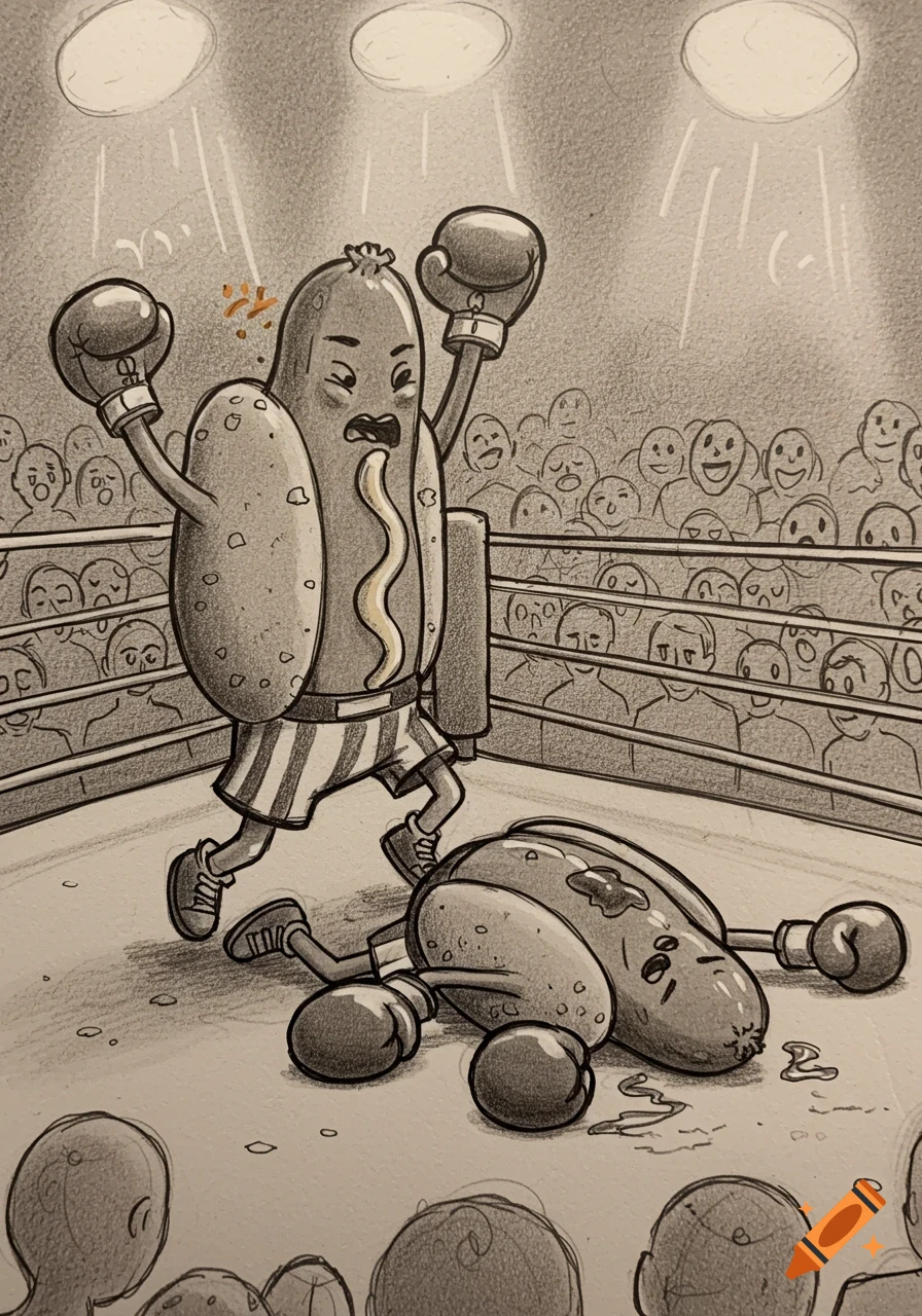 A sketch of two anthropomorphic hotdogs boxing in a ring, one triumphant and raising its arms, while the other is knocked out on the canvas. A crowd watches from the background.
