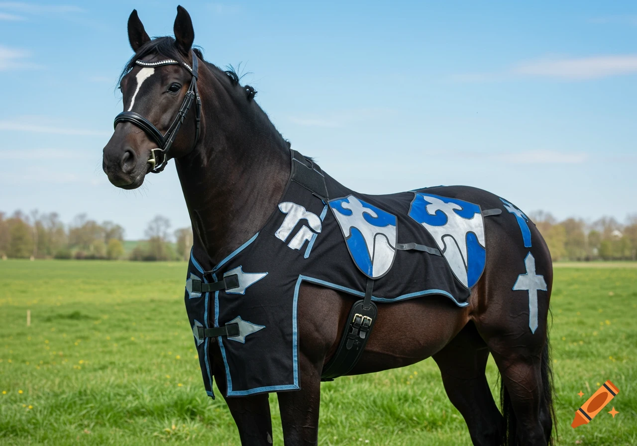 A photorealistic dark horse wearing black barding with blue and silver heraldic designs stands in a green field.