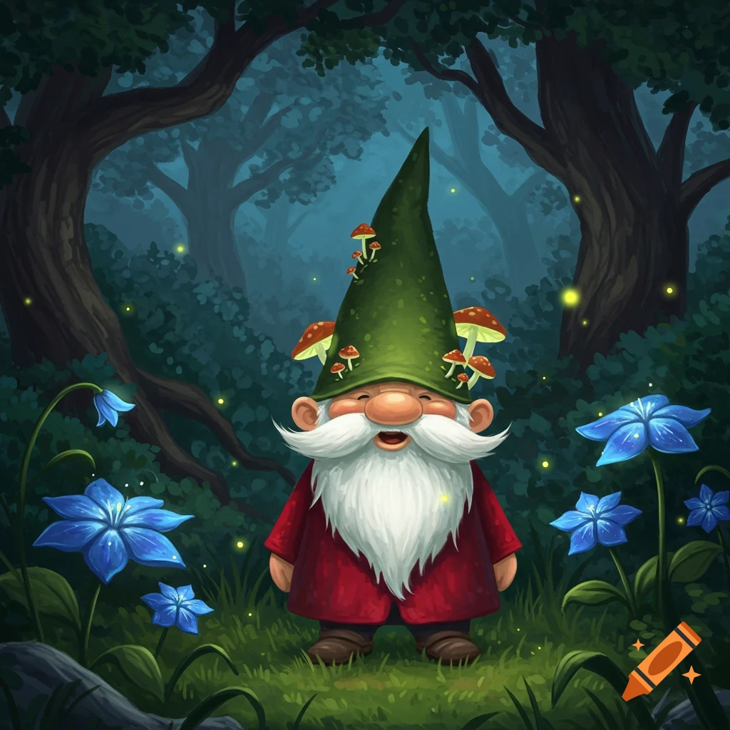 A cheerful gnome with a white beard, red coat, and mushroom-covered green hat stands in a magical forest with blue flowers.