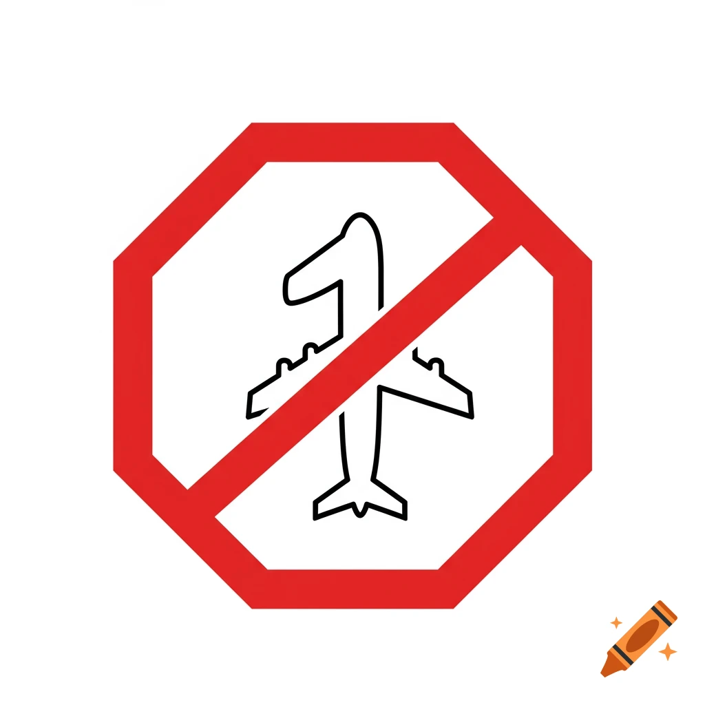 A red octagonal stop sign with a diagonal line indicating 'no', containing a black outline of an airplane stylized to look like the number 1.
