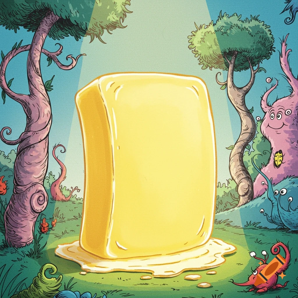 A glowing pat of butter resembling a shield in a whimsical Dr. Seuss-style forest with strange trees and small creatures.